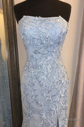 Elegant Strapless Mermaid Sky Blue Long Lace Semi Formal Prom Dress with Slit